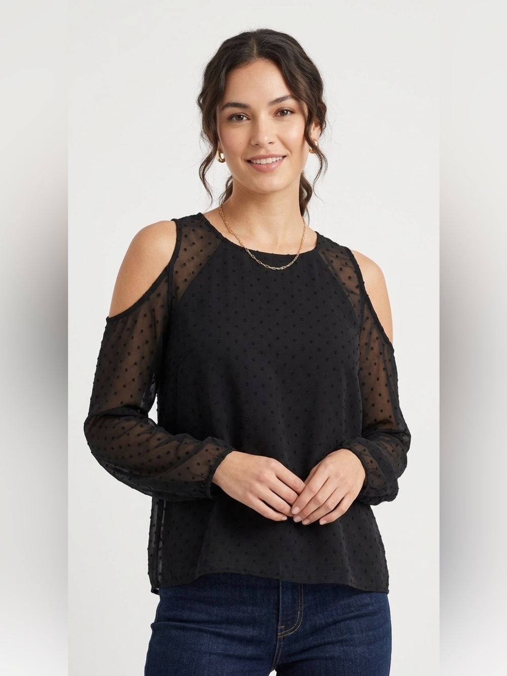 Reitmans Black Swiss Dot Sheer Cold-Shoulder Camisole Size Medium